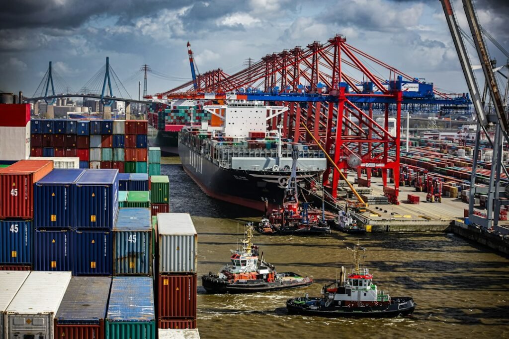 Cargo ship and containers at a busy port